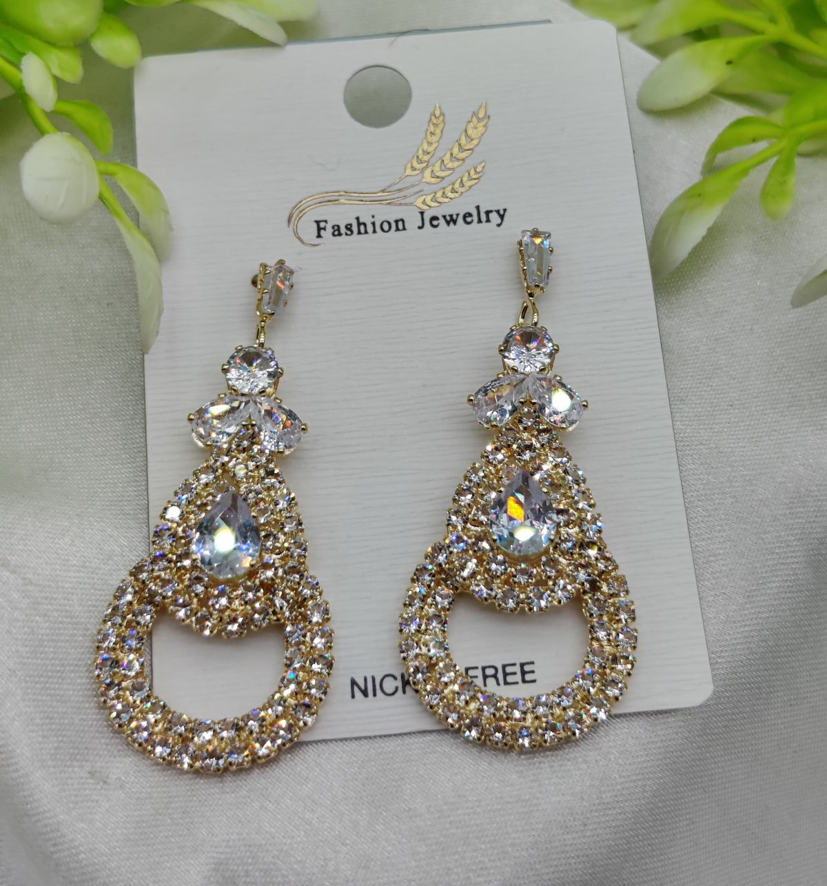 Imported Glamorous Crystal-Studded Teardrop Earrings – Nickel Free Earrings - Luxurious Gold Finish | Best Quality Artificial Earrings For Girls & Women - Image 2